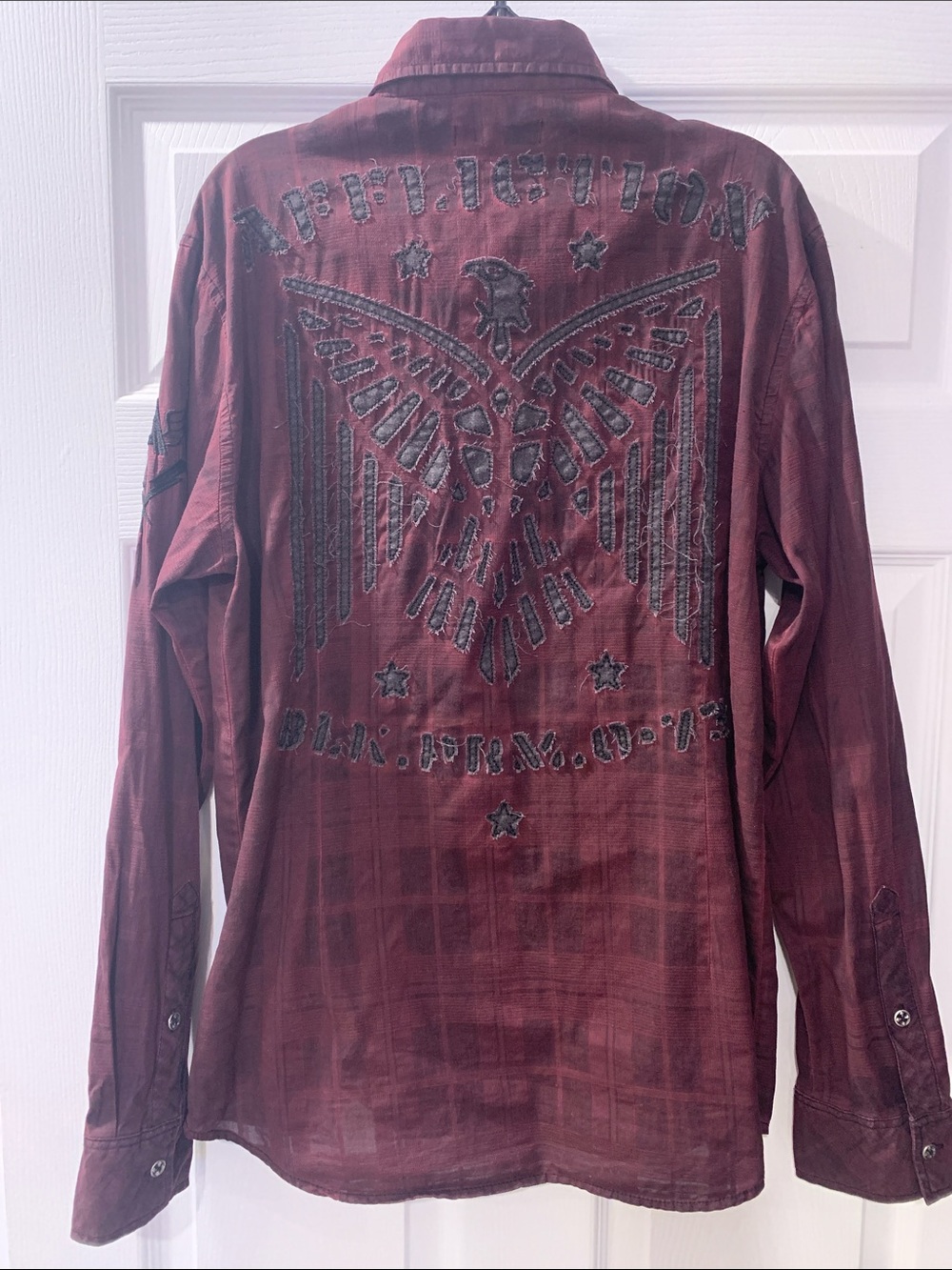 Affliction Men's Burgundy Plaid Button-Down Shirt with Graphic Back - Picture 2 of 6